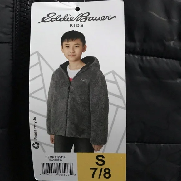 NWT Eddie Bauer Youth Boys Reversible Hooded Puffer Fleece Black Gray Jacket S